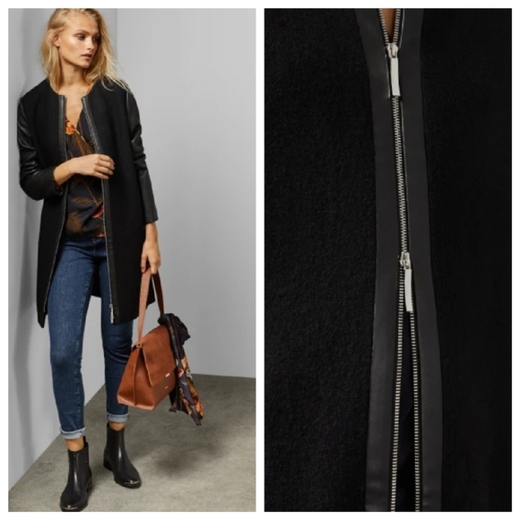 TED BAKER Vipper Black Faux Leather Sleeve Wool Zipper Coat Jacket - Picture 2 of 10